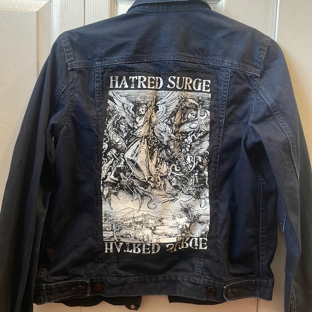 New handmade denim jacket with appliqué for hatred surge band. Jacket by GAP